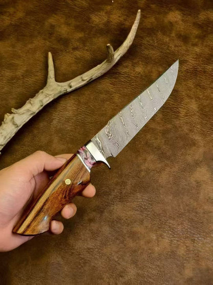 Swedish Steel Damascus Fixed-Blade Knife – Twisted Damascus Pattern, Mammoth Molar Fossil & Desert Ironwood Handle - AK-HT1072