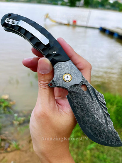 Heavy-Duty Damascus Folding Knife – VG10 Bearing Quick-Open, Ebony Handle, Collectors’ Edition - AK-HT1008