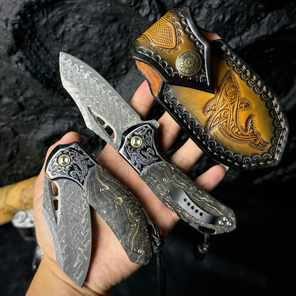 Hand-Forged 78-Layer Damascus Folding Knife – Stabilized Wood Handle - AK-HT0179
