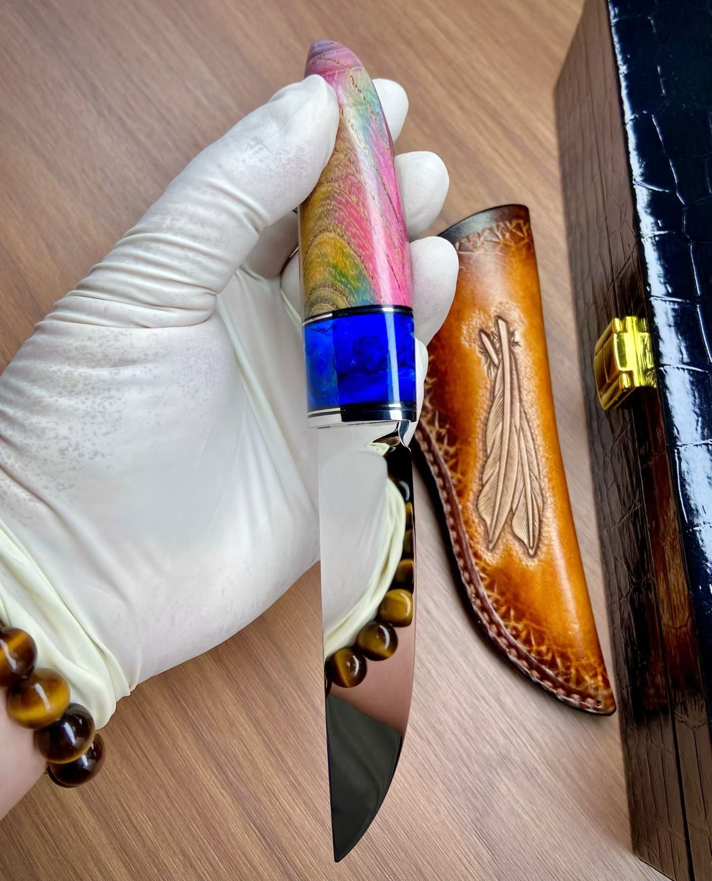 Limited M390 Mirror Polish Fixed Blade – Mammoth Molar & Stabilized Wood Handle - AK-HT1039