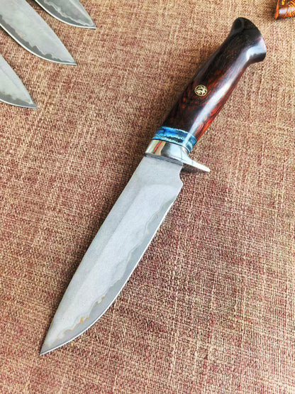Rare Handforged Damascus Steel Rosewood Straight Hunting Outdoor Knife with Sheath- AK-HT0652