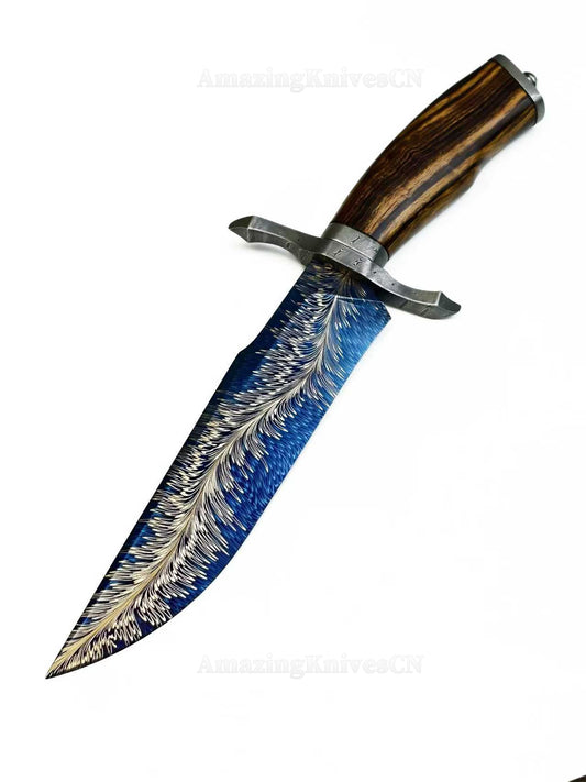 Top Tier Collectible Handforged Feather Damacus Steel Bowie Knife Desert Ironwood Handle with Leather Sheath - AK-HT1027