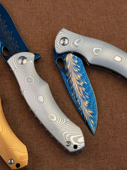 Feather Damascus Steel Folding Knife Aluminum Alloy Damascus Handle - AK-HT1074