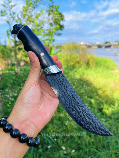67-Layer Damascus Survival Knife with Ebony Handle and Eagle-Head Pommel - AK-HT1016
