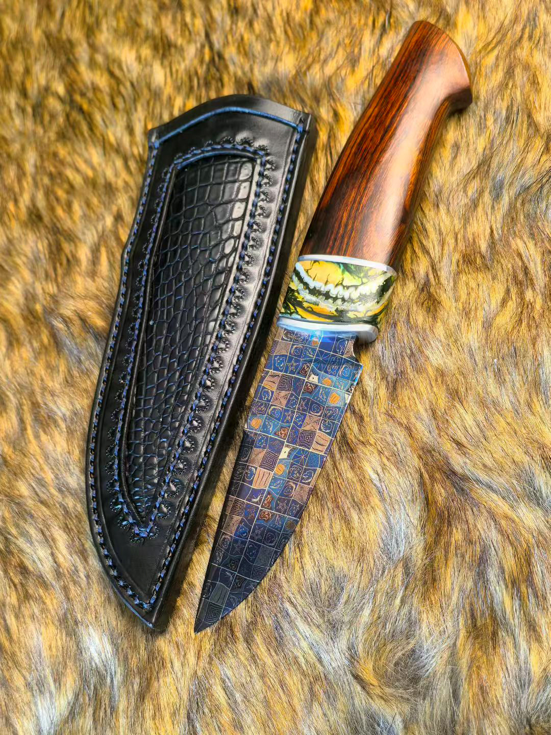 Blued Mosaic Damascus Fixed Blade Mammoth Molar Fossil & Desert Ironwood Edition - AK-HT1062