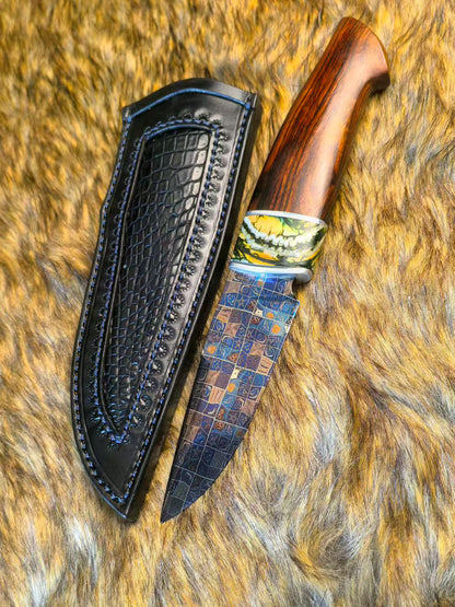 Blued Mosaic Damascus Fixed Blade Mammoth Molar Fossil & Desert Ironwood Edition - AK-HT1062
