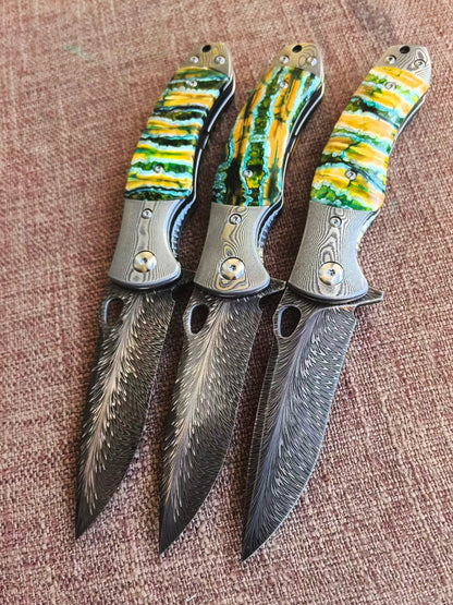 Collectible Feather Knife Folding Pocket Knife Survival Tactical Ball Bearing Flipper with Leather Sheath - AK-HT1010