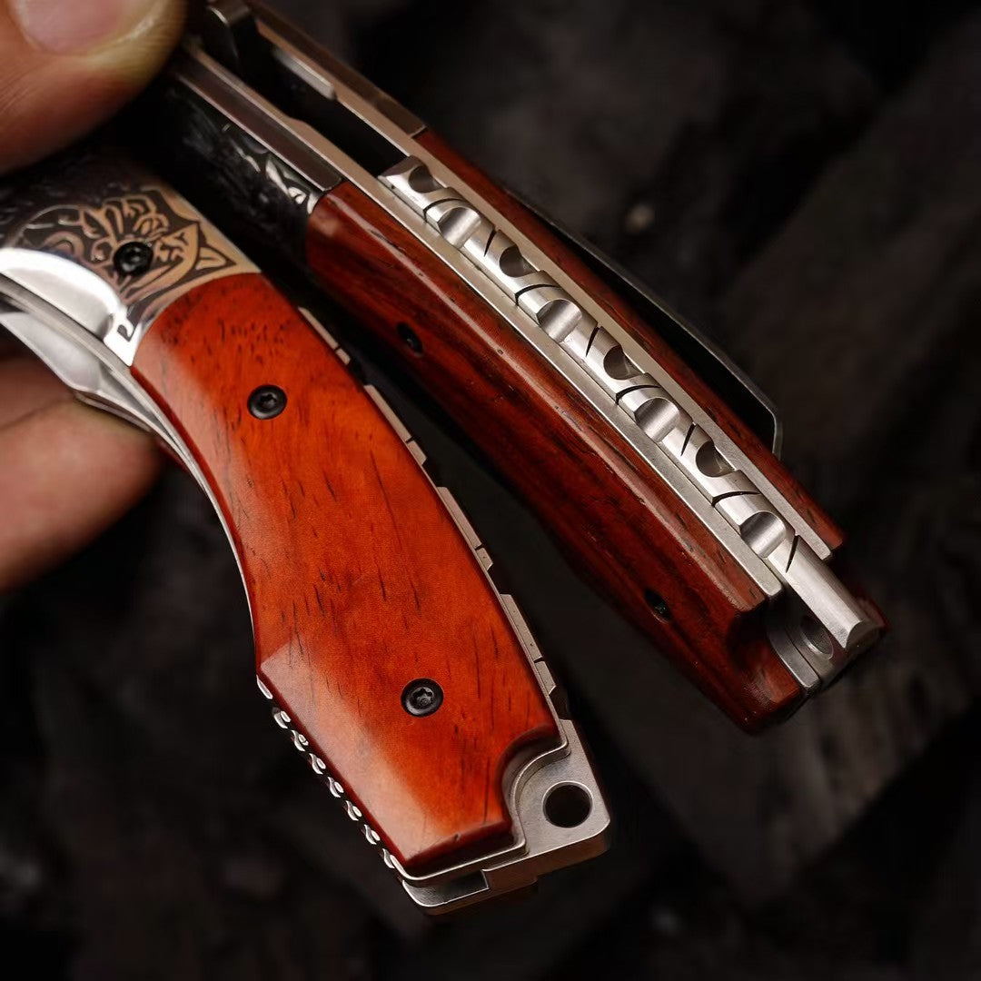 Handcrafted Folding Knife – CPM-S35VN Powder Steel, Rosewood Handle, Artisan Leather Sheath - AK-HT1037