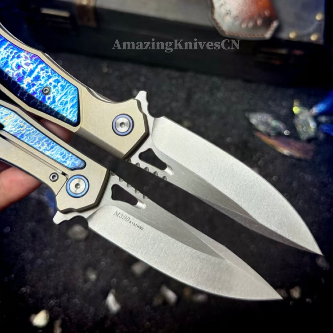Premium M390 Folding Knife – TC4 Titanium Handle, Brushed & Stonewashed Blade, Ball Bearing System - AK-HT1038
