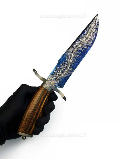 Top Tier Collectible Handforged Feather Damacus Steel Bowie Knife Desert Ironwood Handle with Leather Sheath - AK-HT1027