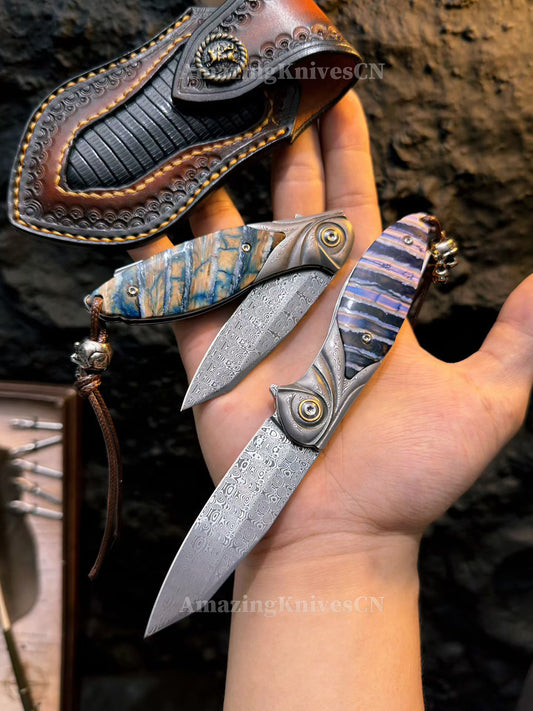 Rare Handcrafted High End Powder Steel Damascus Folding Knife- AK-HT1065