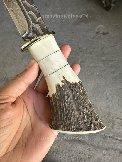 Collectible Vg10 Damascus Hunting Knife Fixed Blade Horn Stag Handle Camping w/ Sheath - AK-HT0331