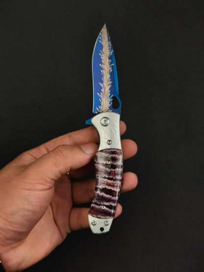 Feather Damascus Steel Folding Knife Mammoth Molar Fossil Handle - AK-HT1041