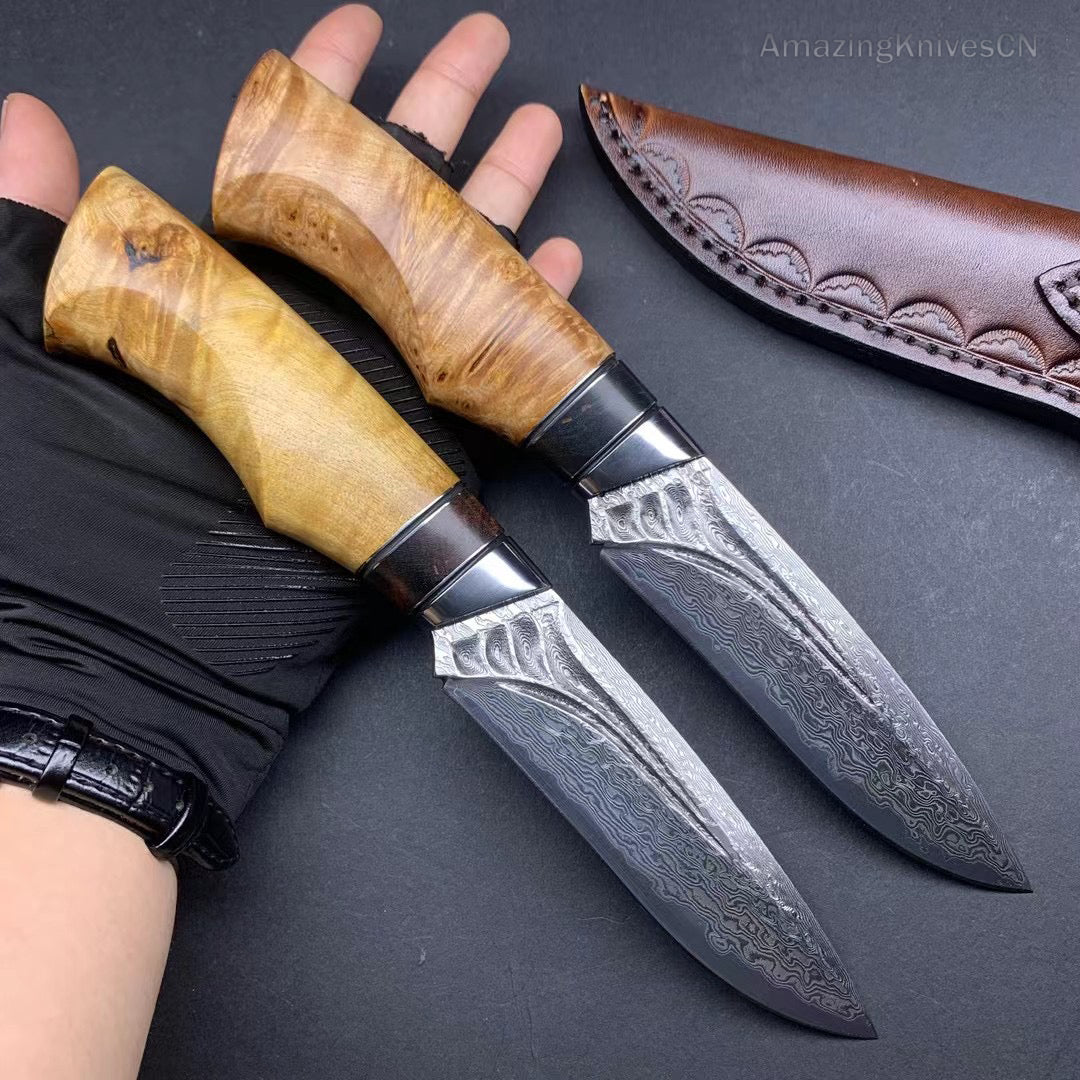 Handcrafted Damascus Vg10 Hunting Knife Survival Fixed Blade With Leather Sheath - AK-HT0935