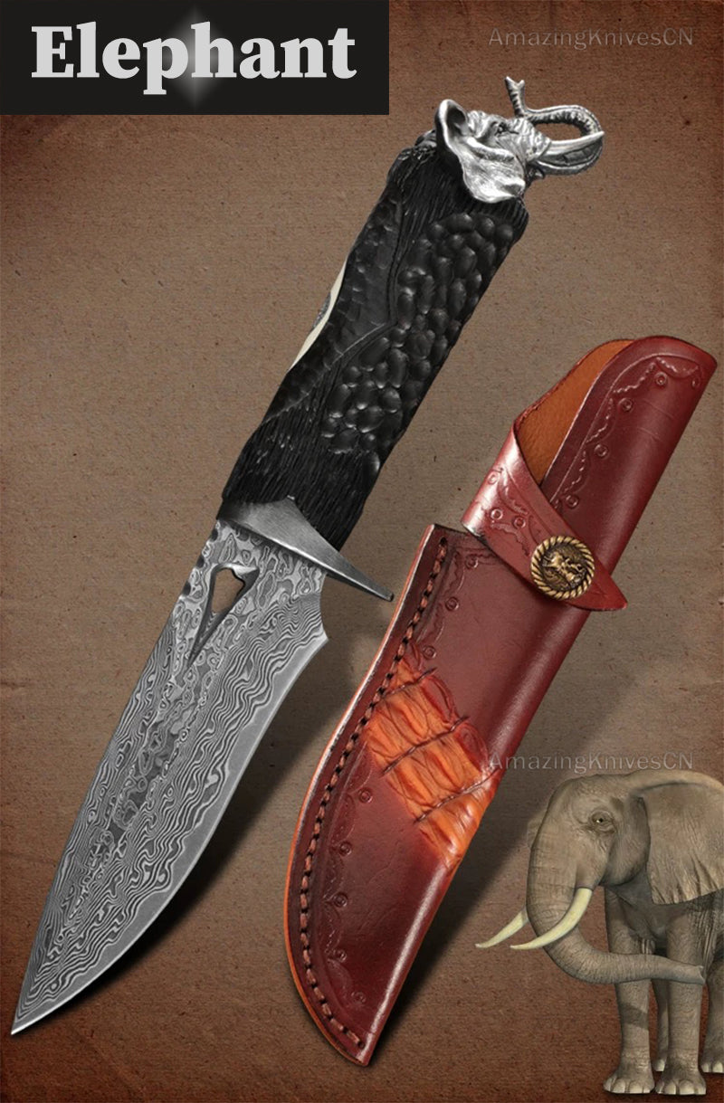 Damascus Fixed Blade Vg10 Hunting Knife Handcrafted Carved Elephant Head Black - AK-HT0828