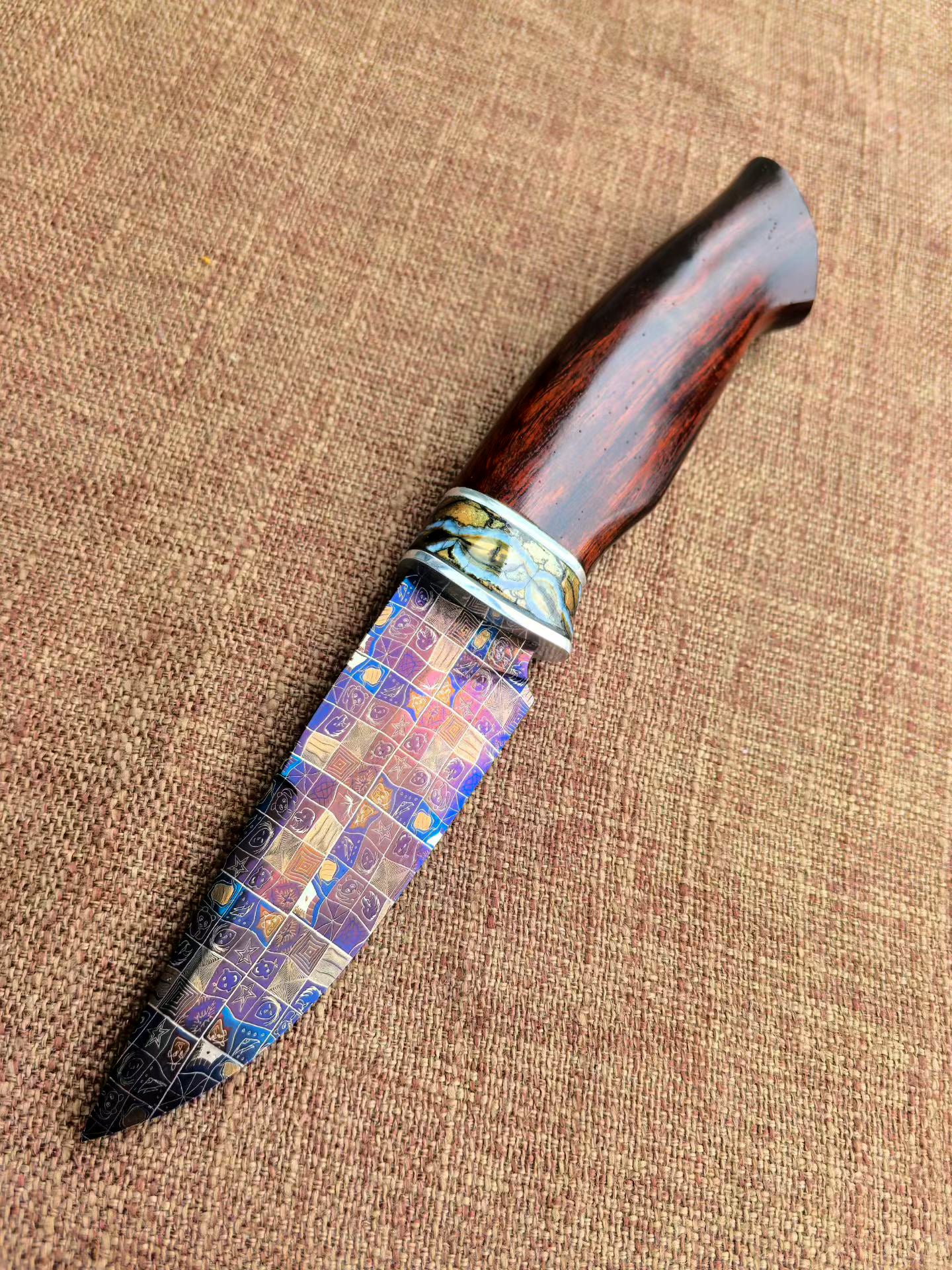 Blued Mosaic Damascus Fixed Blade Mammoth Molar Fossil & Desert Ironwood Edition - AK-HT1062