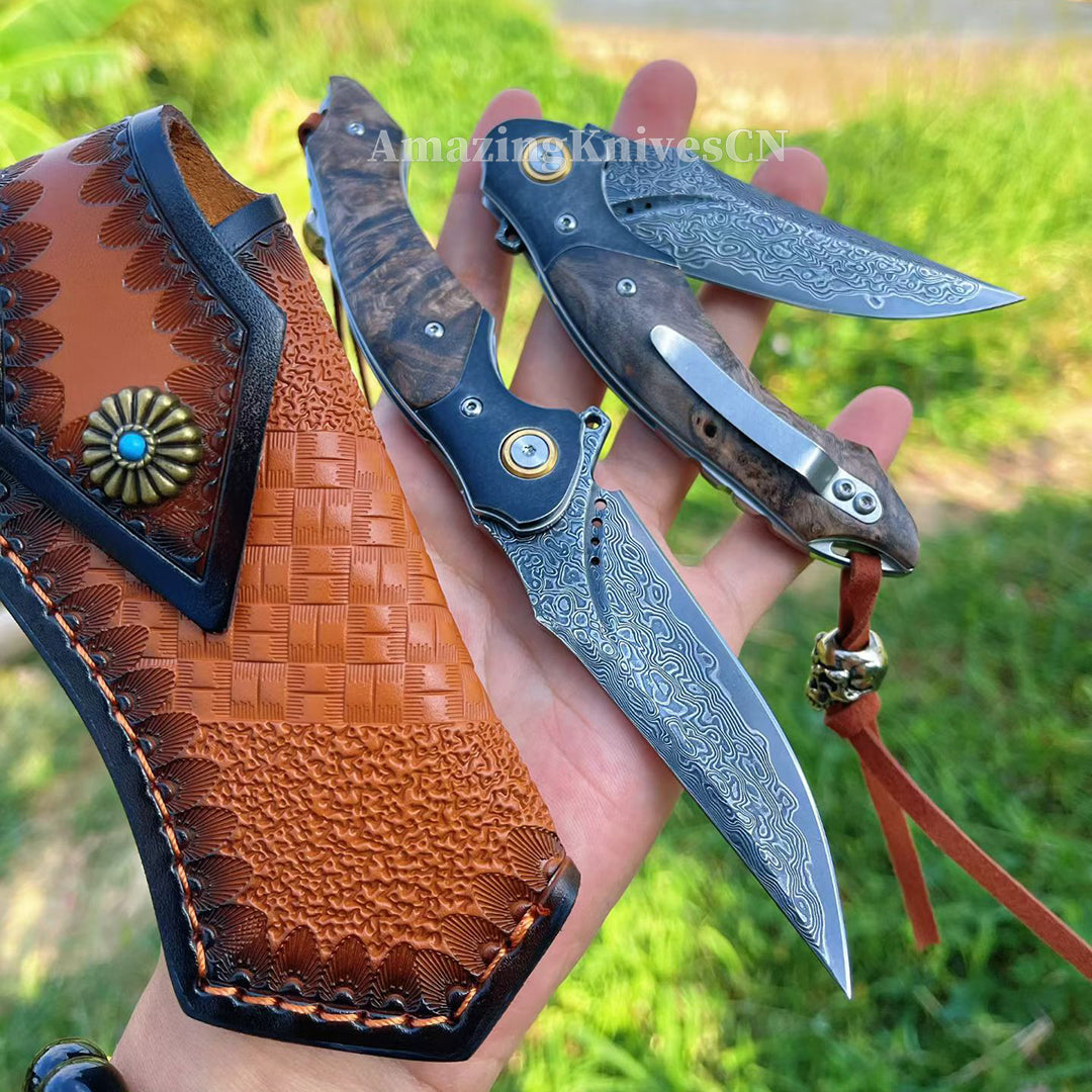 Handcrafted VG10 Damascus Folding Knife with Stabilized Wood Handle – Ball Bearing Quick Open - AK-HT1018