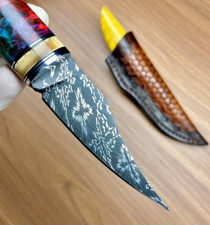 Premium Hand-Engraved Mosaic Damascus Collector's Knife - AK-HT1063