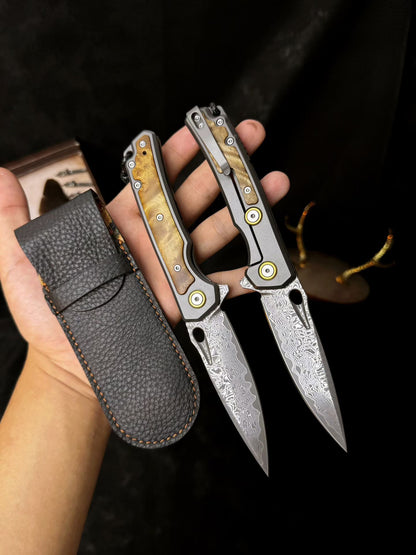 Handcrafted Damascus Folding Knife – Titanium & White Shadow Wood Handle - AK-HT0181