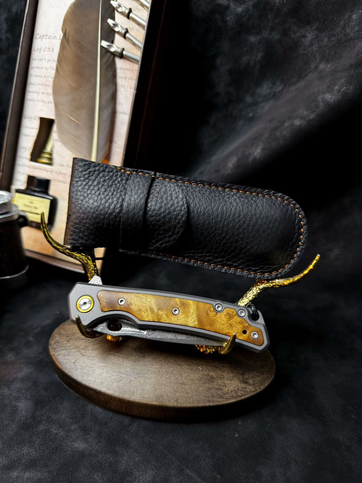 Handcrafted Damascus Folding Knife – Titanium & White Shadow Wood Handle - AK-HT0181