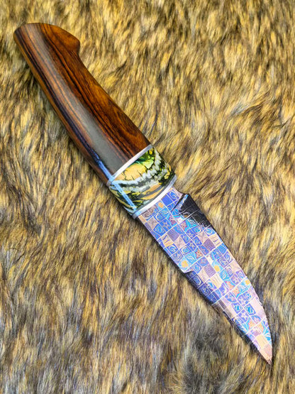 Blued Mosaic Damascus Fixed Blade Mammoth Molar Fossil & Desert Ironwood Edition - AK-HT1062