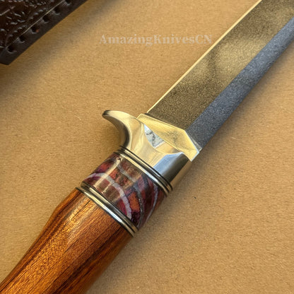 Handcrafted Wootz Steel Fixed Blade Bowie Collectible Knife Desert Ironwood Handle with Leather Sheath - AK-HT0957