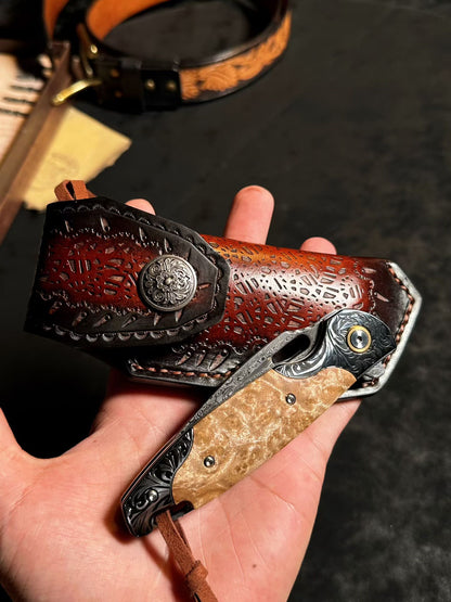 Premium Handmade Damascus Folding Knife with Rare White Burl Wood Handle - AK-HT1058
