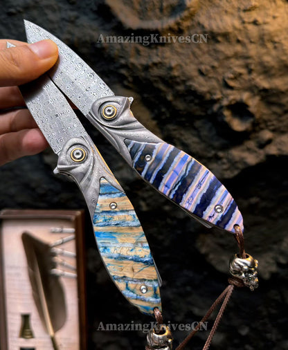 Rare Handcrafted High End Powder Steel Damascus Folding Knife- AK-HT1065