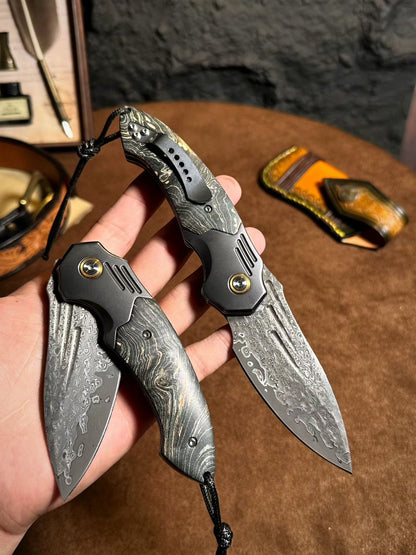Smooth Fast-Opening Damascus Folding Knife with Stabilized Wood Handle -AK-HT1057