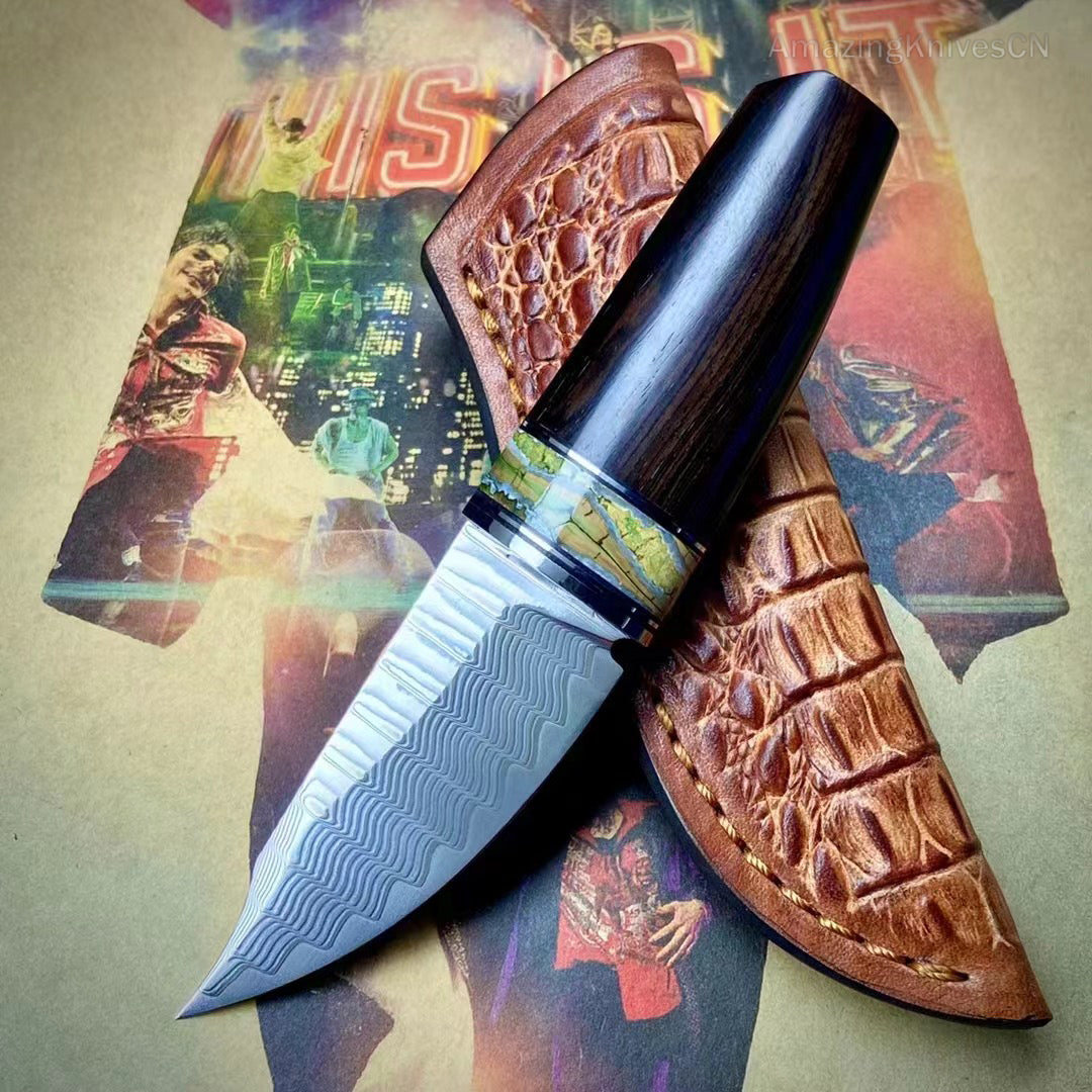 Collectible VG10 Damascus Utility Knife Fixed Blade Ebony Handle w/ Sheath - AK-HT0907