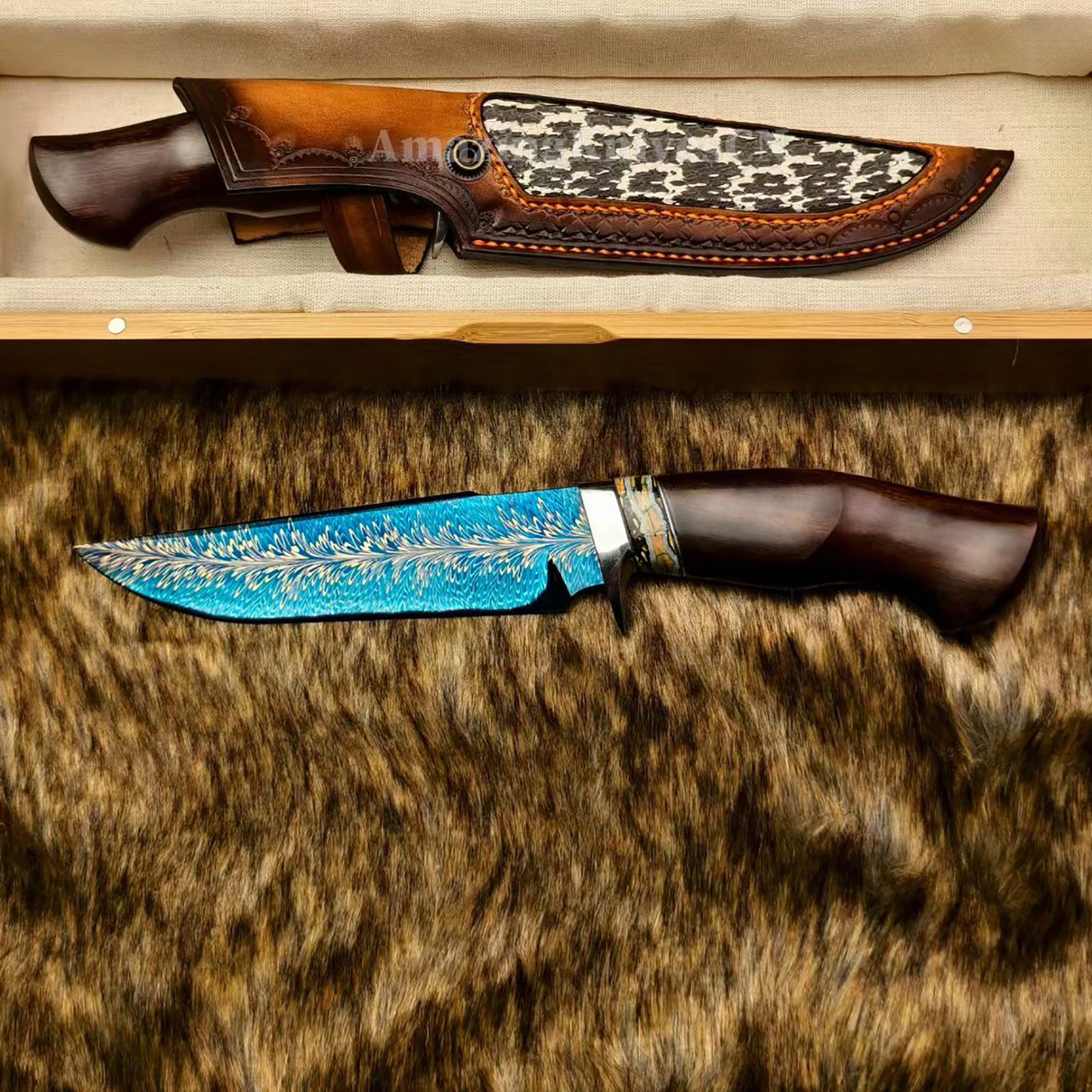 Top Tier Collectible Knife Luxury Handforged Feather Damacus Steel Bowie Knife with Leather Sheath - AK-HT1013