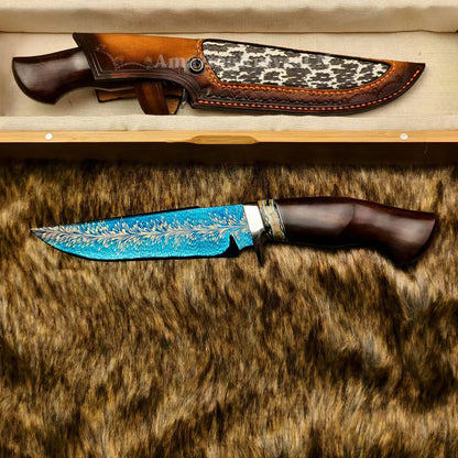 Top Tier Collectible Knife Luxury Handforged Feather Damacus Steel Bowie Knife with Leather Sheath - AK-HT1013