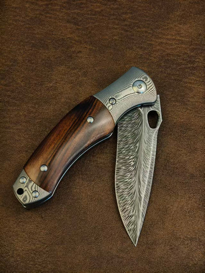Handcrafted Feather Damascus Knife Desert Ironwood Bone Handle - AK-HT1061