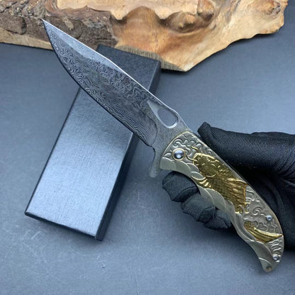 Handmade VG10 Damascus Steel Engraved Pocket Knife Folding Knives Clip Rescue - AK-HT0929