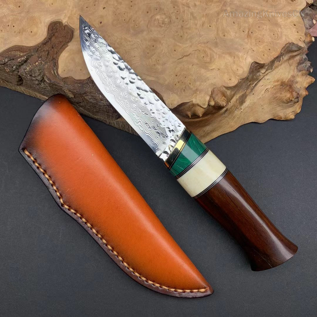 Vg10 Damascus Hunting Knife Fixed Blade Wood Handle with Sheath Camping Survival- AK-HT0367