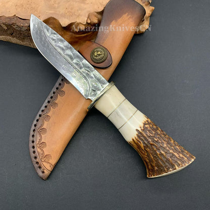 Collectible Vg10 Damascus Hunting Knife Fixed Blade Horn Stag Handle Camping w/ Sheath - AK-HT0331