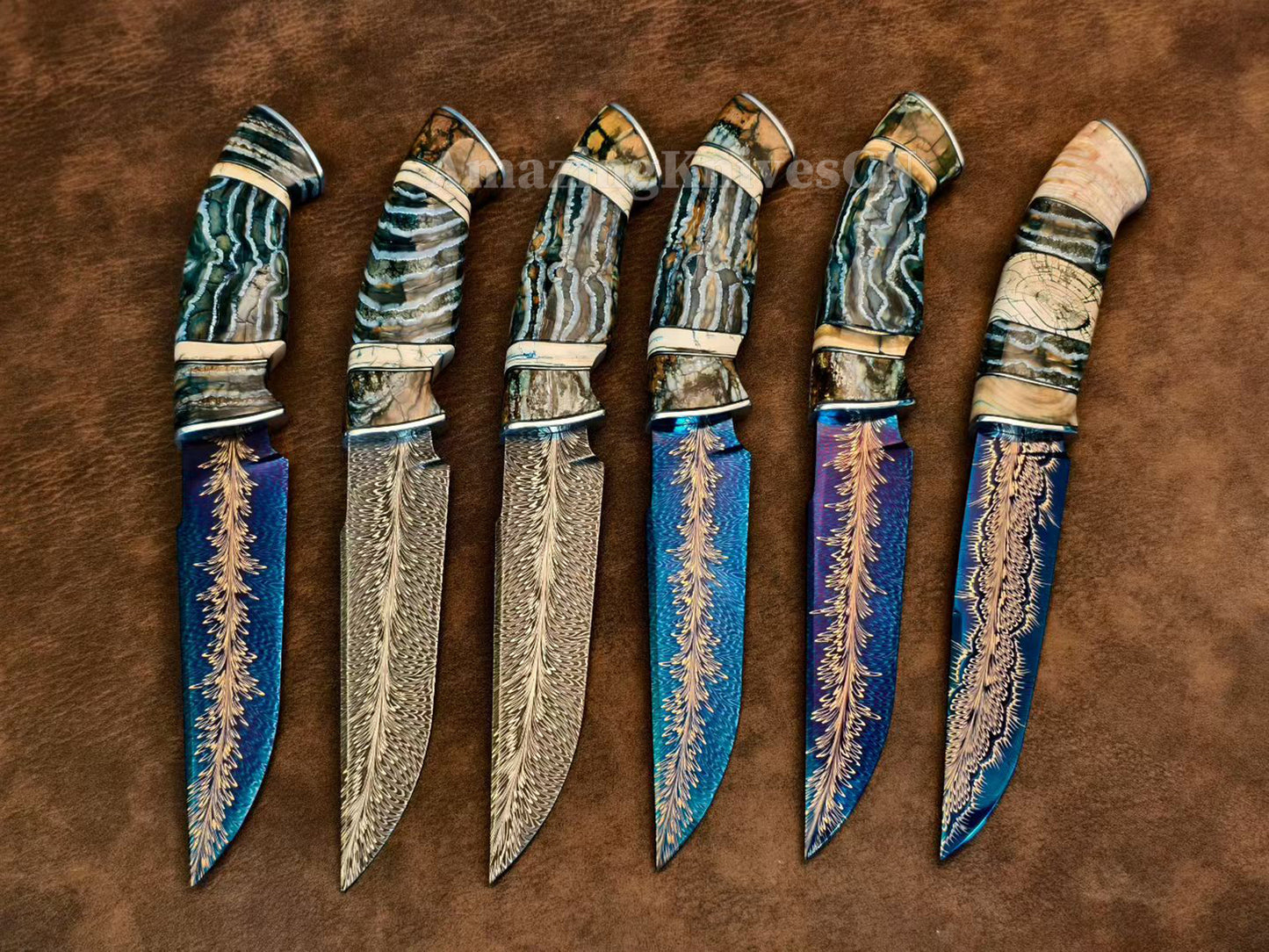 Top Tier Collectible Handforged Feather Damacus Steel Knife Mammoth Molar Fossil with Leather Sheath - AK-HT1026