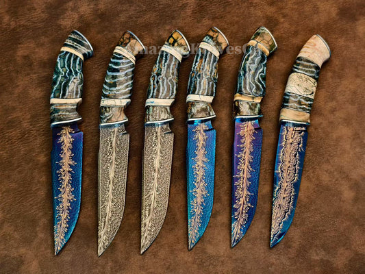 Top Tier Collectible Handforged Feather Damacus Steel Knife Mammoth Molar Fossil with Leather Sheath - AK-HT1026