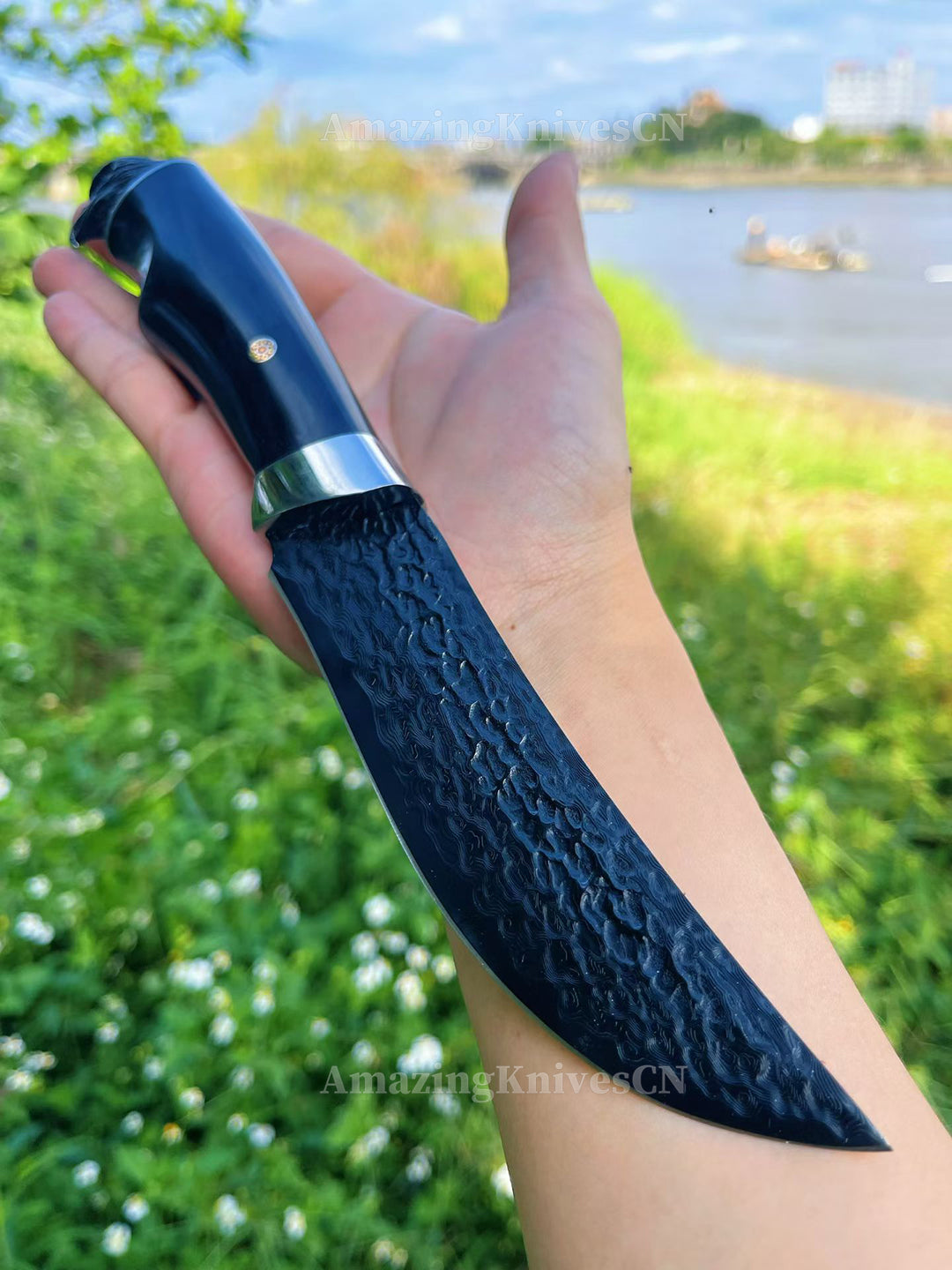 67-Layer Damascus Survival Knife with Ebony Handle and Eagle-Head Pommel - AK-HT1016