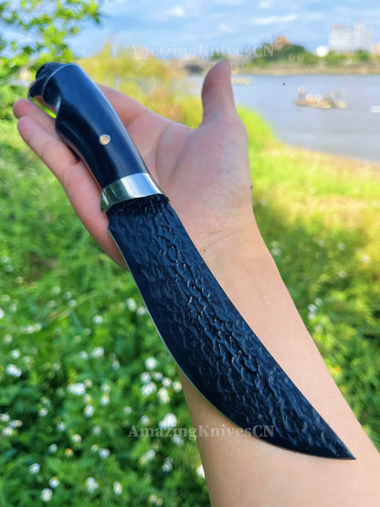 67-Layer Damascus Survival Knife with Ebony Handle and Eagle-Head Pommel - AK-HT1016