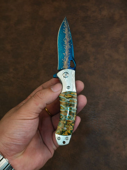 Feather Damascus Steel Folding Knife Mammoth Molar Fossil Handle - AK-HT1041