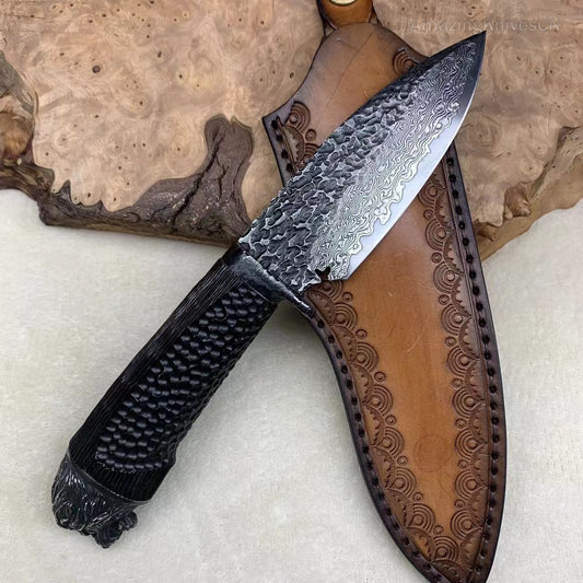 Vg10 Damascus Survival Hunting Knife Fixed Blade Ebony Black Carved Lion Head - AK-HT0614