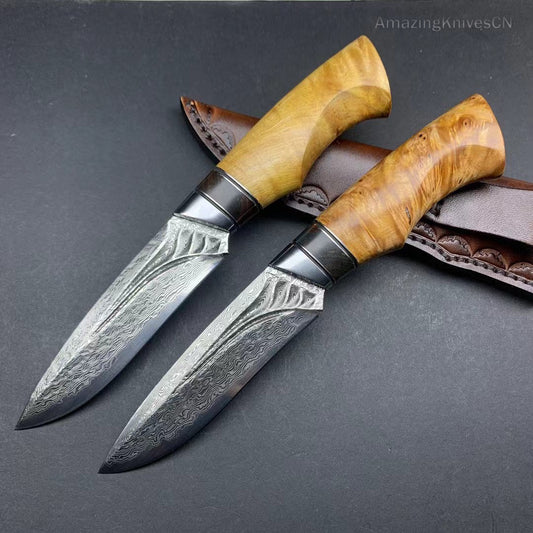 Handcrafted Damascus Vg10 Hunting Knife Survival Fixed Blade With Leather Sheath - AK-HT0935