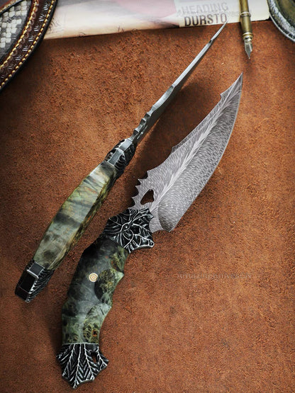 Collectible Luxury Feather Damascus Steel Knife Hunting Knife Stable Wood - AK-HT0860
