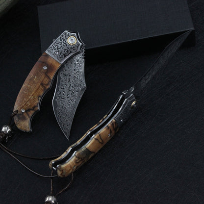 Vg10 Damascus Hunting Survival Folding Pocket Knife Wood Ball Bearing W/ Sheath - AK-HT0831