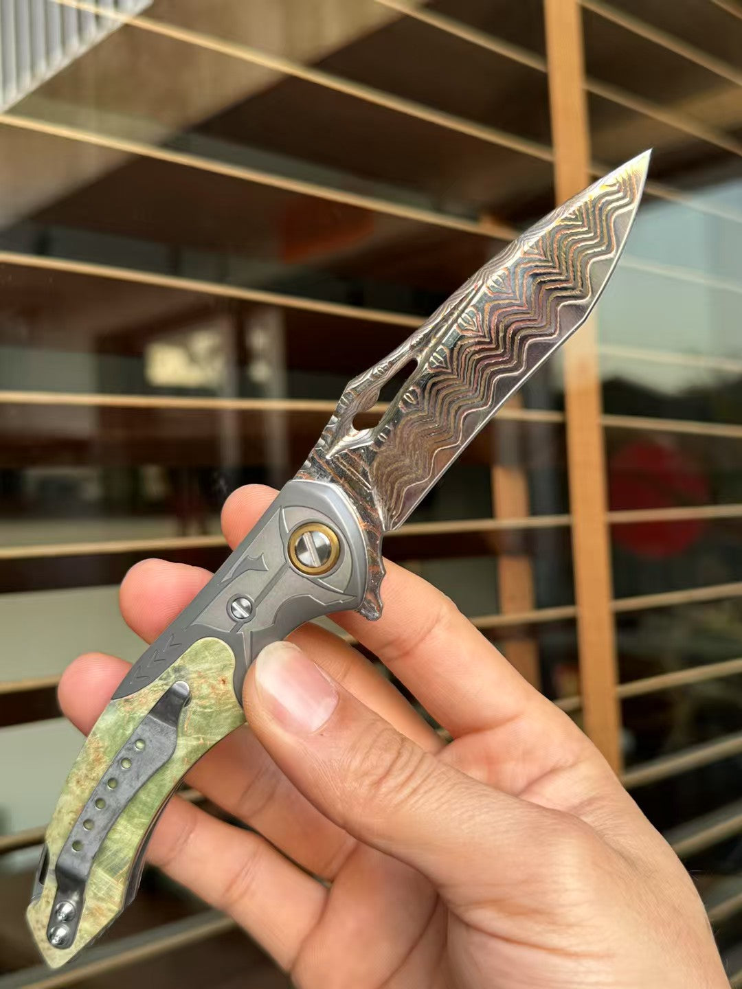 Artisan Folding Knife – Copper-Infused 67-Layer Damascus Steel, Stabilized Wood Handle - AK-HT1046