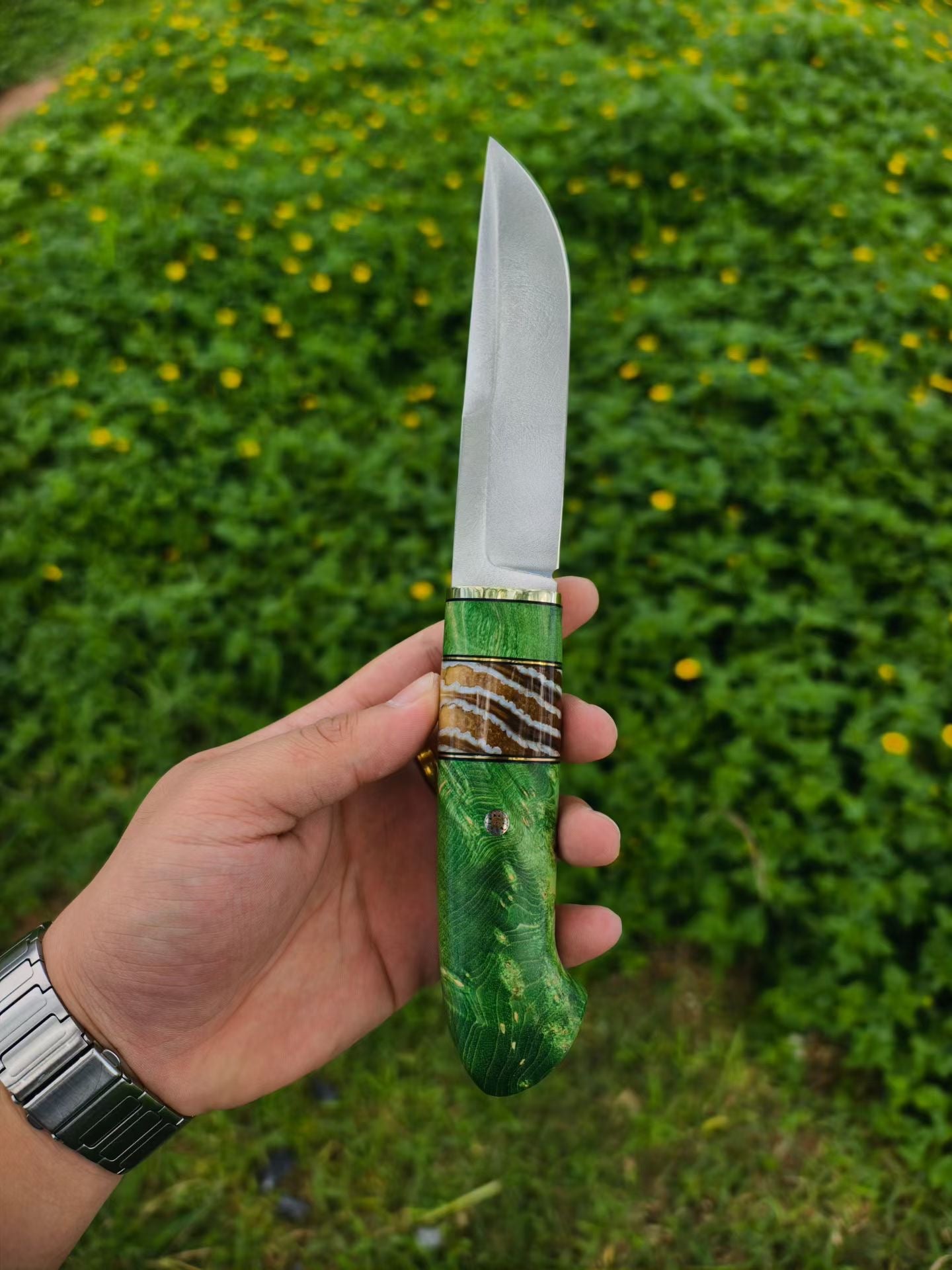 Wootz Steel Knife – Polished Blade, Mammoth Molar Fossil & Stabilized Green Maple Burl Handle - AK-HT1052