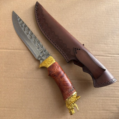 Handcrafted Collectible Damascus Hunting Knife Survival Knife Dragon Head Golden - AK-HT0941
