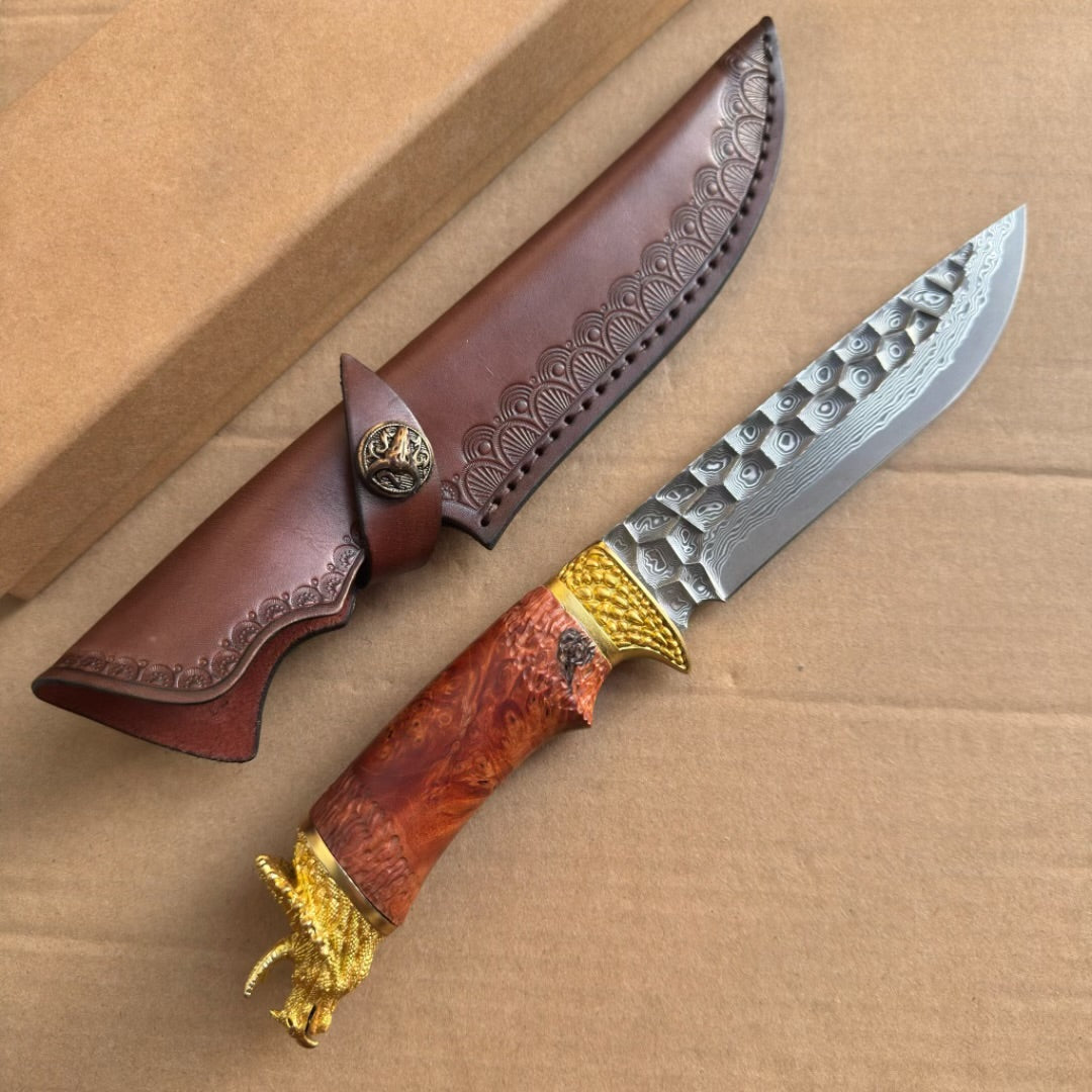 Handcrafted Collectible Damascus Hunting Knife Survival Knife Dragon Head Golden - AK-HT0941