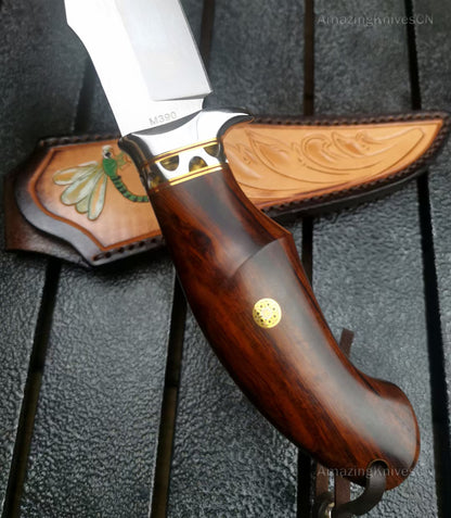 High Quality M390 Steel Bowie Knife Fixed Blade Ironwood Handle with Leather Sheath - AK-HT0853